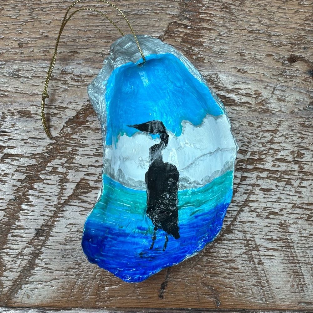 Hand-Painted Egret Oyster Shell Ornament